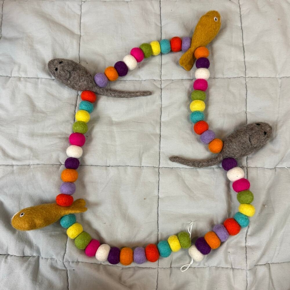 Trader Joe’s Here, Kitty Kitty Cat Toy Handcrafted Felted Balls Fish Mouse 36”